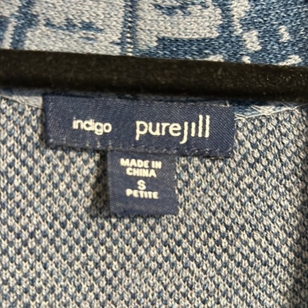 PURE JILL J. JILL Indigo Small Petite Tunic Cardigan Stretch Blue Tan Sweater - Picture 4 of 8